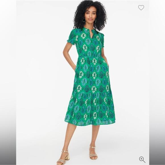 J.Crew Petite Printed ruffleneck puff-sleeve midi dress - Picture 1 of 6